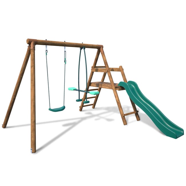 Portique en bois rond 2 agrès et toboggan bas MENTHE marron <span itemprop=