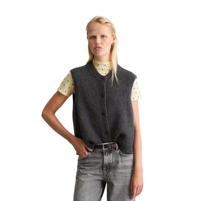 Cardigan court sans manches en un mélange douillet de laine vierge et d'alpaga gris <span itemprop=