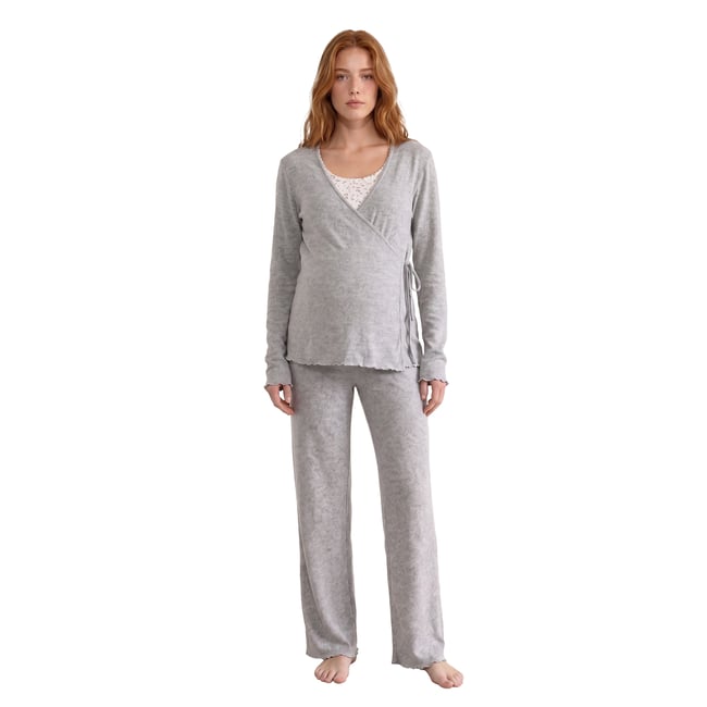 Pyjama grossesse et allaitement 3 pièces gris chiné <span itemprop=