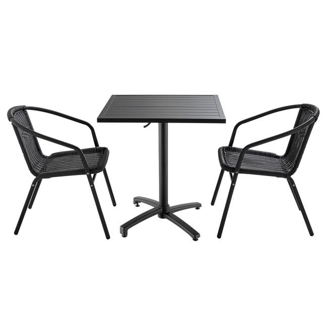 Table de terrasse rabattable carrée et 2 fauteuils aluminium et résine gris <span itemprop=