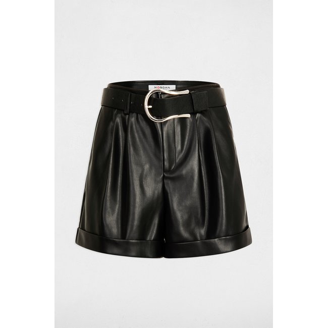 Short paperbag ceinturé en simili noir <span itemprop=