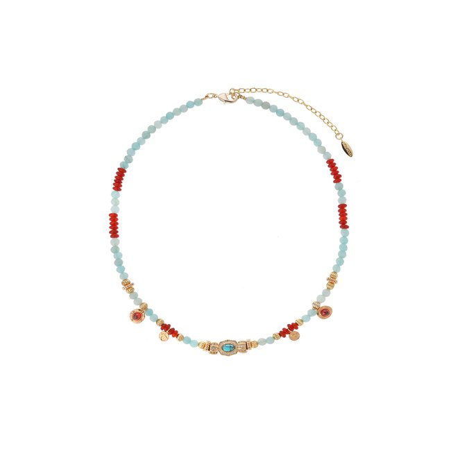 Collier ras de cou de perles avec pampilles ANATOLYA turquoise <span itemprop=