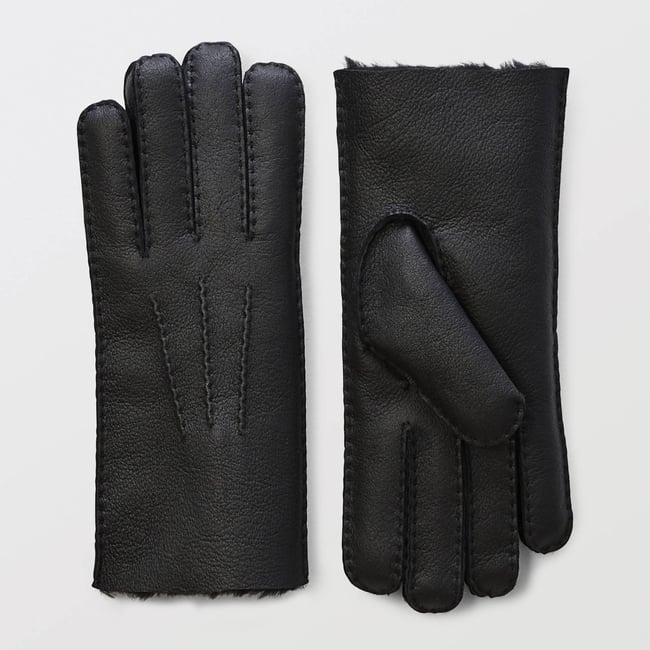 Gants cuir en peau lainée noir <span itemprop=