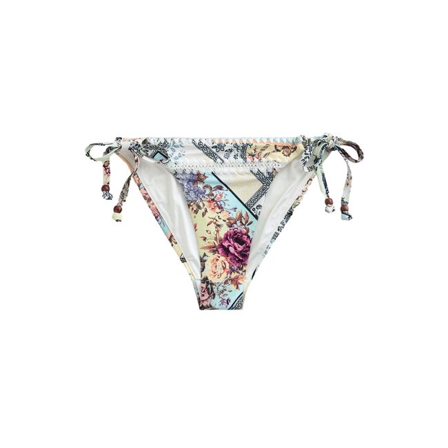 Bas de bikini en crochet avec liens crème/jaune floral <span itemprop=