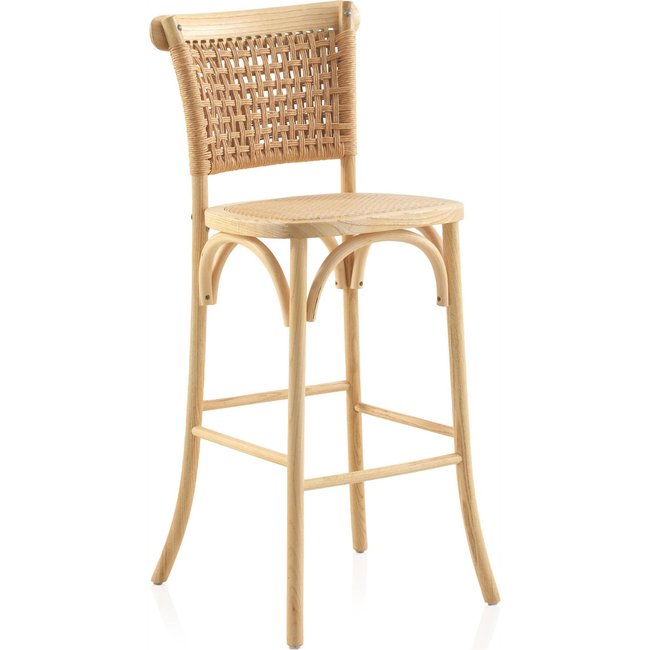 x2 Tabouret haut en bois d'orme naturel assise et dossier tressés Couleur bois naturel clair tressage beige <span itemprop=