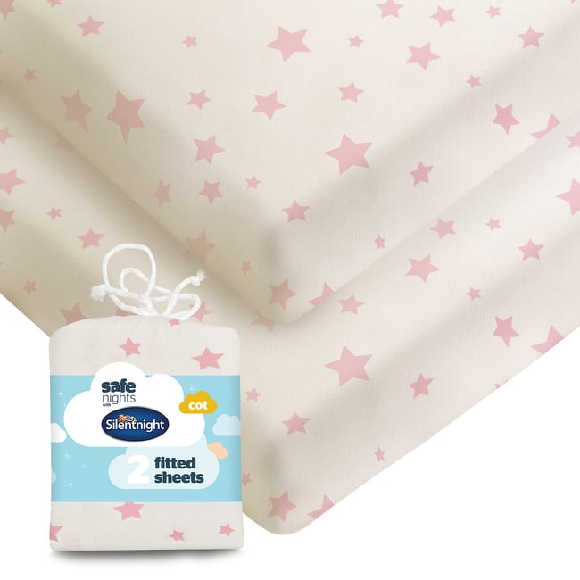 Pack of 2 Safe Nights Cot Fitted Sheets, pink, SILENTNIGHT