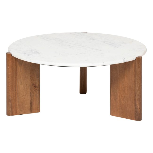 Table basse ronde en marbre et bois massif NANDA Couleur blanc <span itemprop=