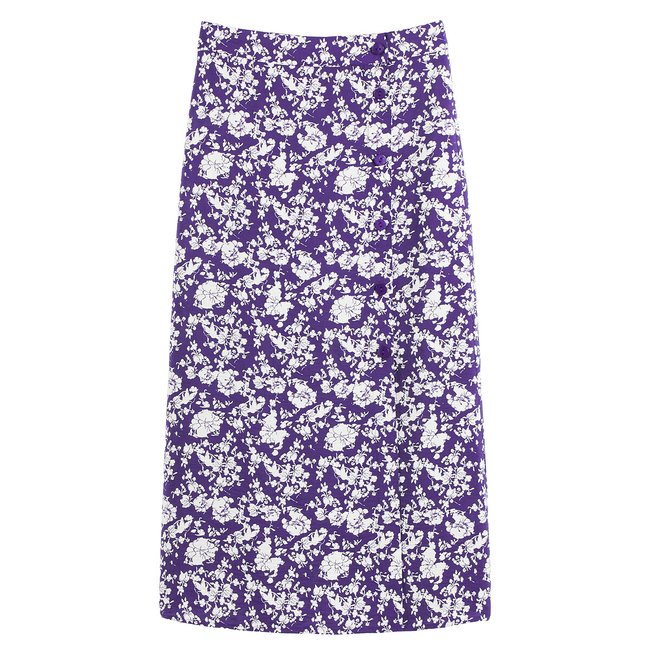 Jupe longue boutonnée, imprimé fleurs imprimé fleurs fond bleu <span itemprop=