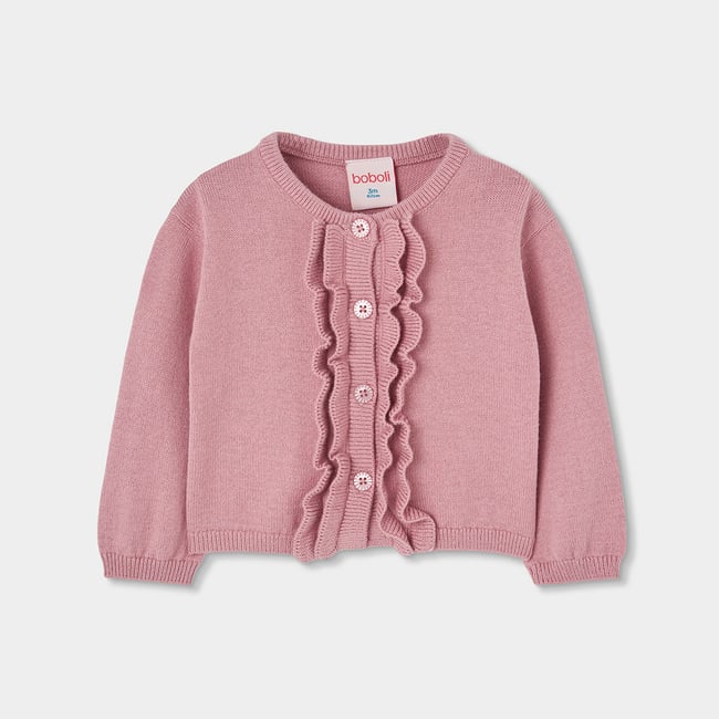 Gilet bébé fille en maille à volants rose <span itemprop=