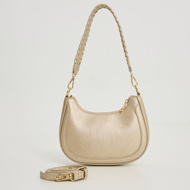 Sac demi-lune métallisé jaune couleur or <span itemprop=