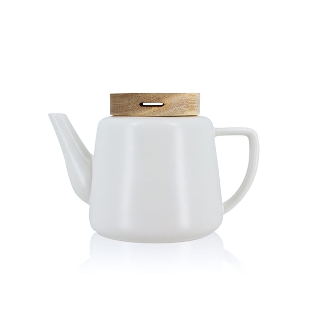 Théière en porcelaine avec couvercle en bois 680ml, ENZO blanc-naturel <span itemprop=