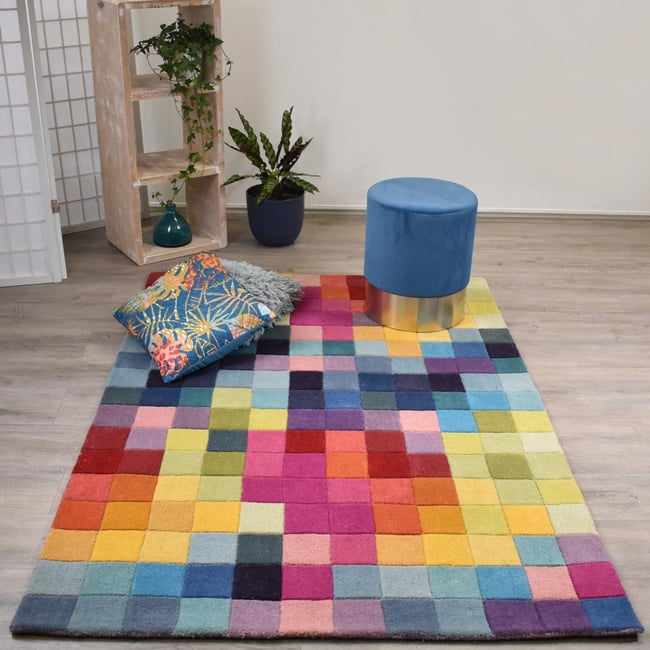 Tapis salon et chambre fait main en laine motif damier AXEL Couleur multicolore <span itemprop=