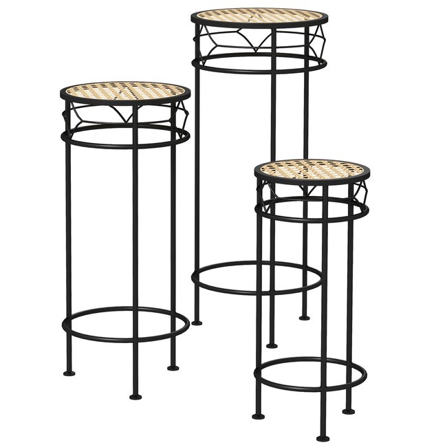 Lot de 3 supports pot de fleurs plateaux aspect rotin métal doré noir - OUTSUNNY