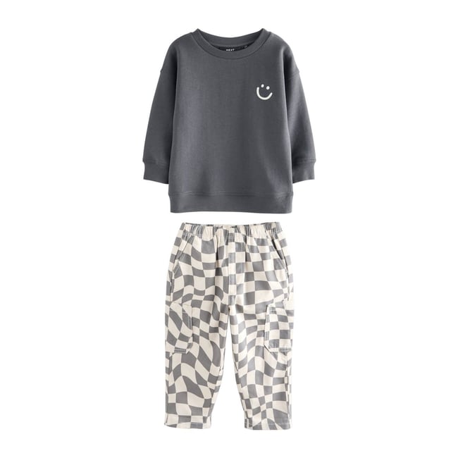 T-shirt manches longues, t-shirt et pantalon damier gris anthracite <span itemprop=