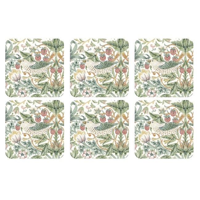 Set of 6 Morris & Co. Strawberry Thief Coasters, green, MORRIS & CO.