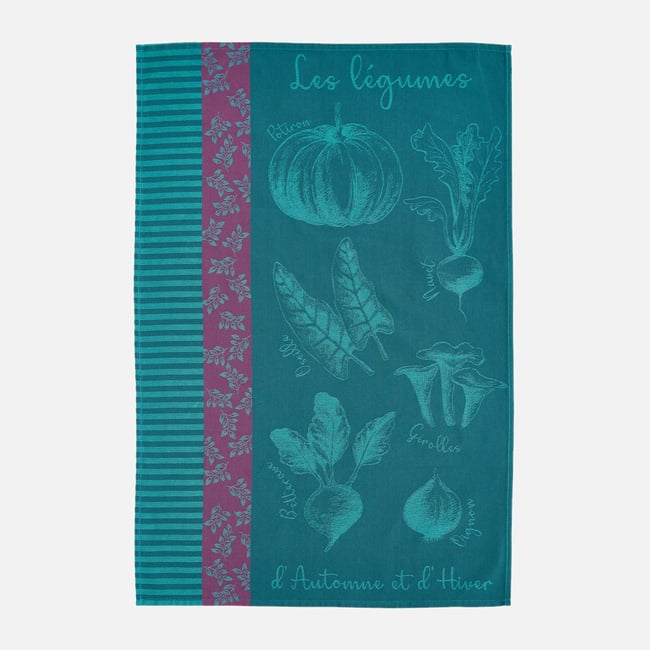 Torchon jacquard en coton POTAGER D'AUTOMNE bleu <span itemprop=