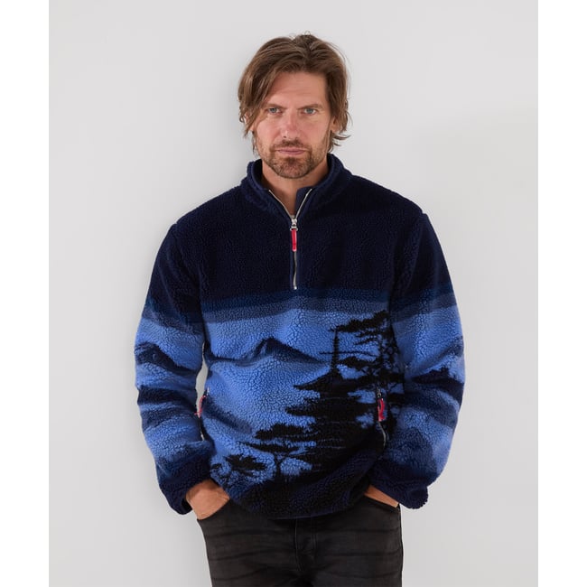 Sweat Col Cheminée en Sherpa Motif Paysage bleu <span itemprop=