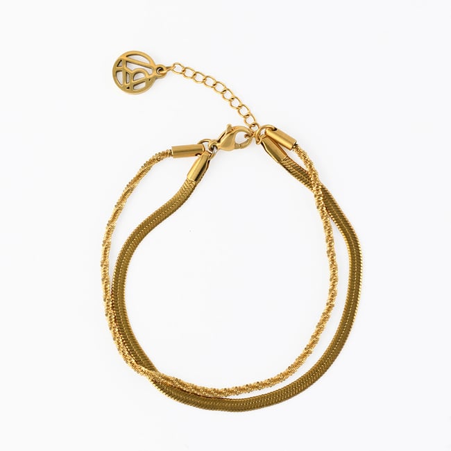 Bracelet chaîne miroir et twistée en acier inoxydable doré <span itemprop=