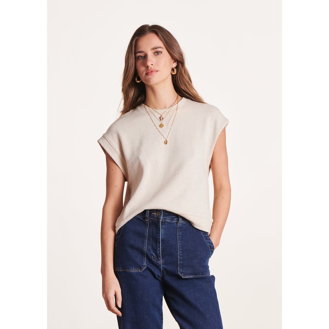 Pull uni à manches courtes et col rond écru <span itemprop=