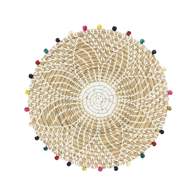 Panier rond en jonc de mer et perles de bois Couleur naturel <span itemprop=