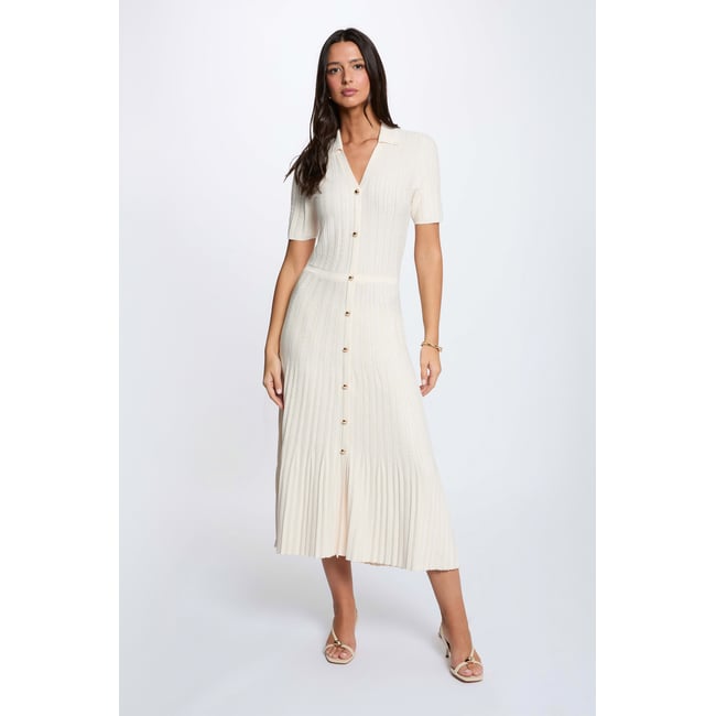 Robe tricot col à revers ivoire <span itemprop=