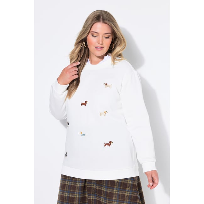 Pull broderie teckels blanc cassé <span itemprop=