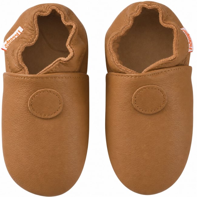 Chaussons bébé cuir souple uni cognac marron <span itemprop=
