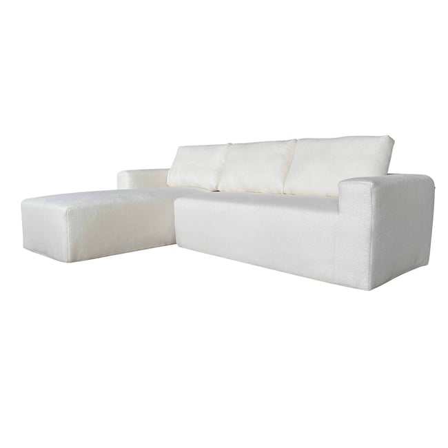 Canapé d'angle compressé 4 places en tissu bouclette avec méridienne gauche et coussins, CLAY Couleur ecru <span itemprop=