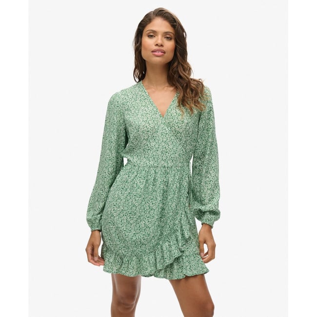 Robe portefeuille courte imprimée à manches longues vert prairie liberty <span itemprop=