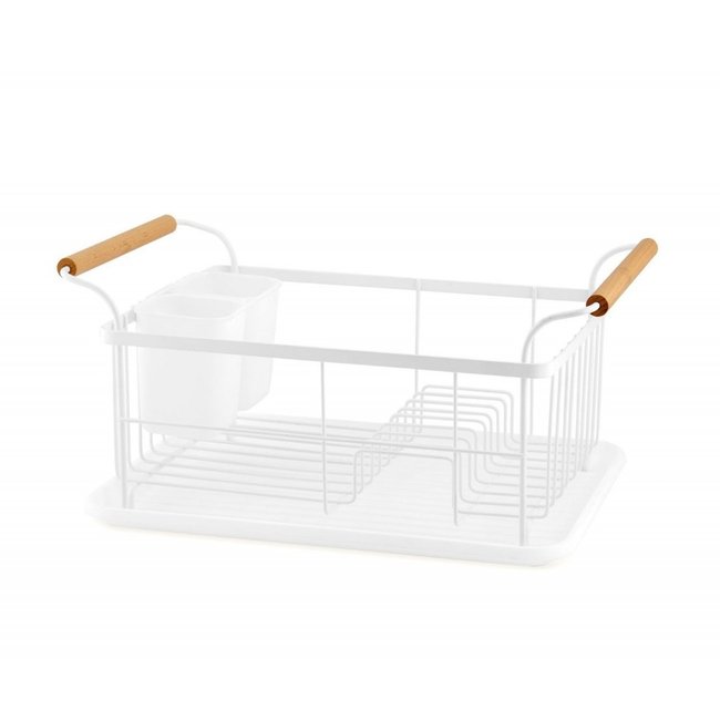 Égouttoir à Vaisselle en Métal Blanc et Poignées Bois blanc <span itemprop=