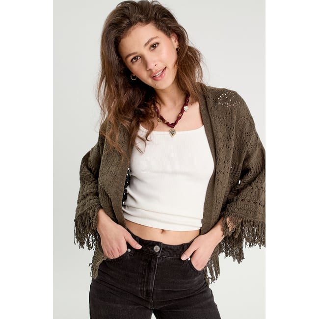 Gilet ajouré avec franges vert kaki <span itemprop=