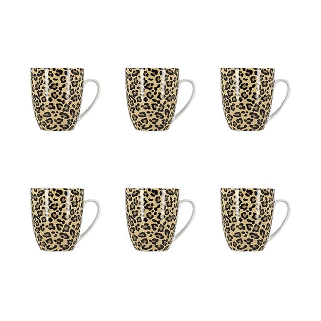 Lot de 6 mugs 35cl en porcelaine, LEOPARD Couleur beige <span itemprop=