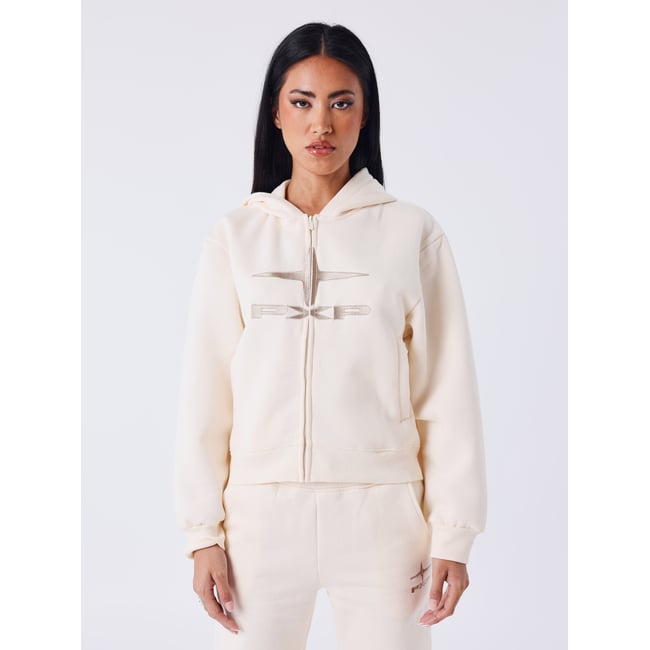 Sweat à capuche zippé Slowly crème camel / beige <span itemprop=