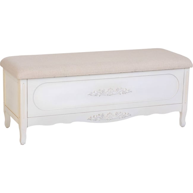 Banc rectangulaire en bois  avec assise tissu et rangement Couleur blanc patiné assise beige clair <span itemprop=