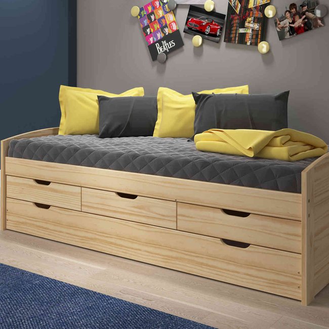 Lit gigogne en pin massif, 3 tiroirs Couleur naturel <span itemprop=