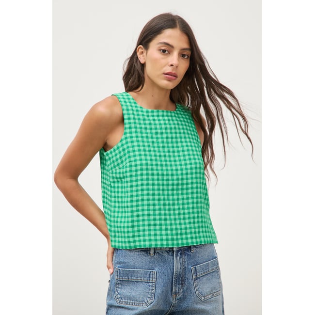 Blouse vichy droite cropped sans manches - BONOBO