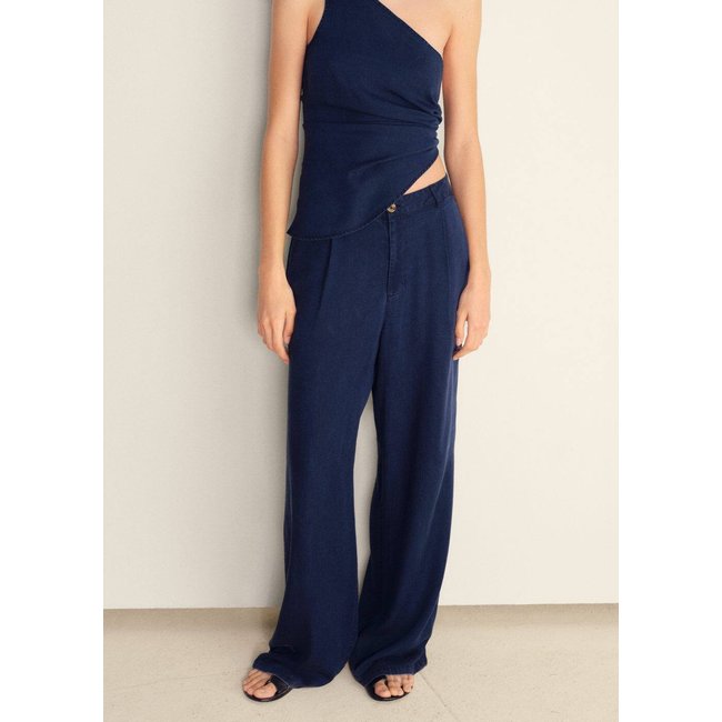 Pantalon wideleg lyocell à pinces bleu foncé <span itemprop=
