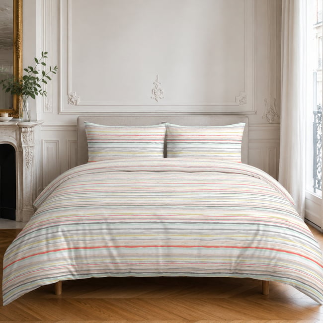Parure housse de couette en cotonrayures muticolore, PAINTERLY STRIPE multicolore <span itemprop=