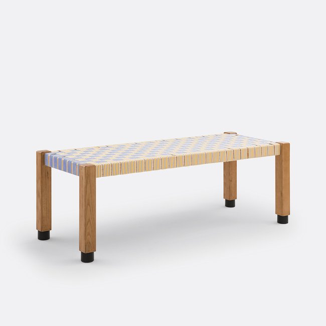 Banco trenzado y roble macizo, Sanglé-Singlé azul/amarillo <span itemprop=
