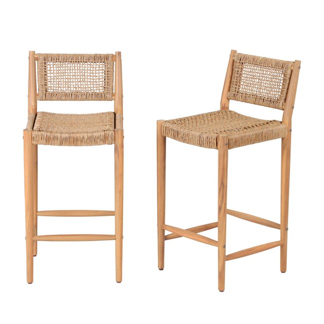 Lot de 2 tabourets de bar intérieur/extérieur en bois d'acacia et résine tressée H66cm - Nuri Couleur bois clair <span itemprop=