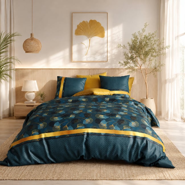 Parure imprimée avec housse de couette et taie(s) en coton, Ginko jaune <span itemprop=