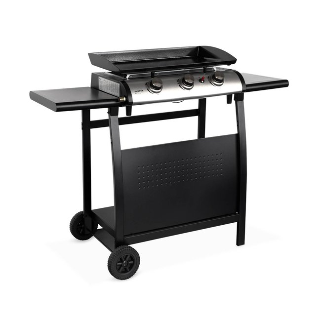 Plancha gaz 3 brûleurs inox 7,5kW avec chariot PLANCHA PORTHOS 3 BRÛLEURS + CHARIOT noir <span itemprop=