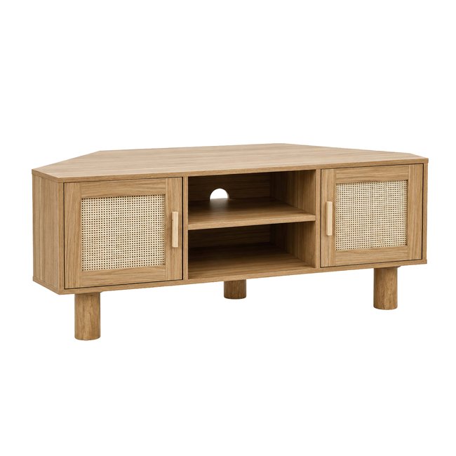 Meuble TV d'angle effet bois et cannage 120 cm en rotin synthétique style bohème, ADAM - OVIALA