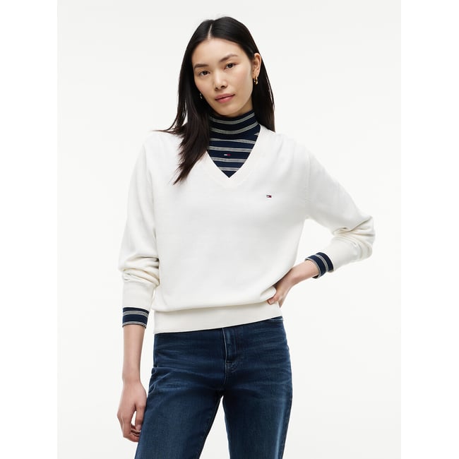 Jersey con cuello de pico y manga larga crudo <span itemprop=