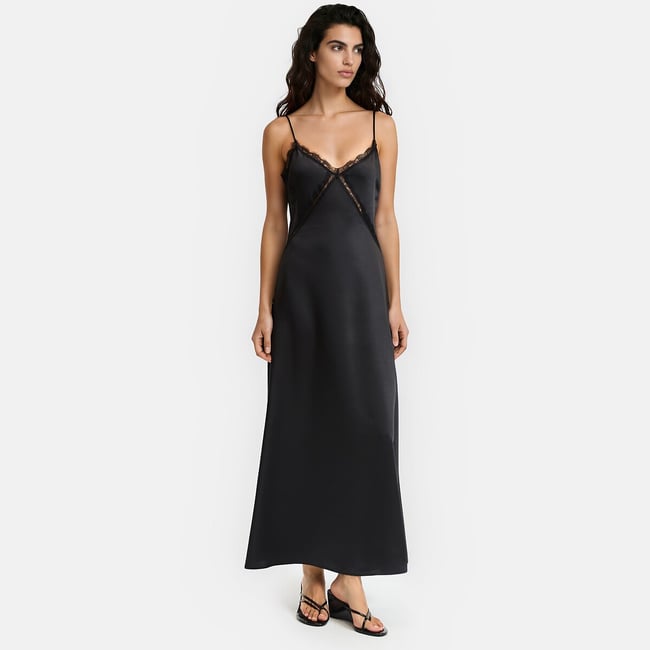 Длинное атласное платье на тонких бретельках с кружевом черный LA REDOUTE COLLECTIONS