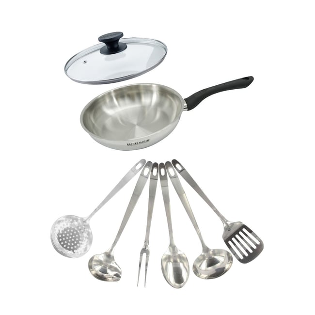 Set poêle 24 cm , couvercle verre et 6 ustensiles GENEVA inox|noir <span itemprop=