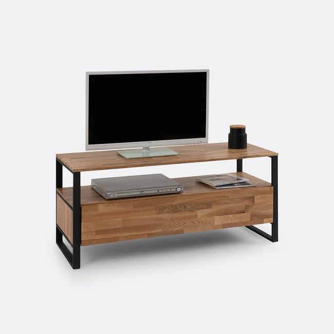 Banc TV, chêne massif abouté et acier, Hiba Couleur naturel <span itemprop=