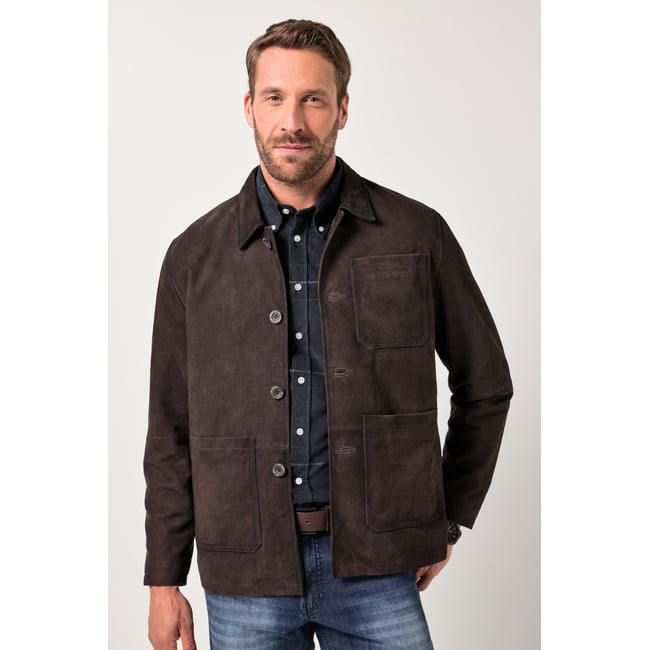 Veste en cuir de chèvre suédé. col chemise marron foncé <span itemprop=