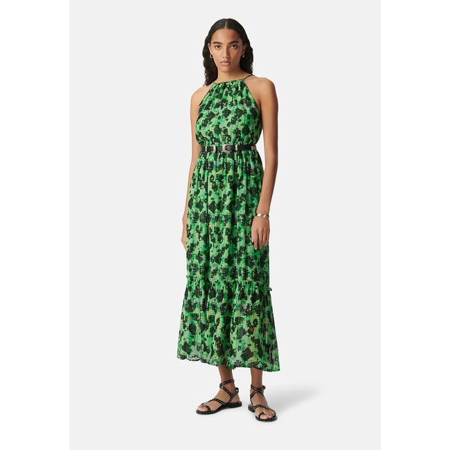 Robe longue évasée, sans manches, imprimée   imprimé turquoise <span itemprop=