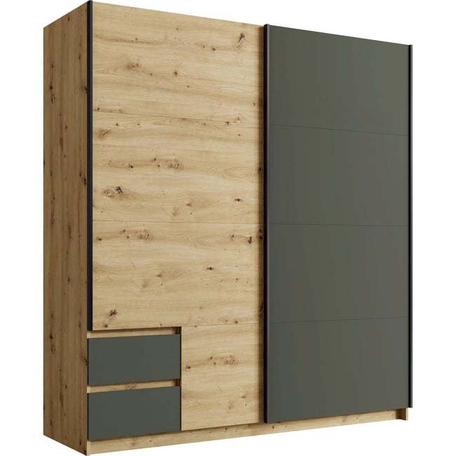Armoire coulissante 2 portes avec tiroirs Couleur chêne artisan et gris graphite <span itemprop=